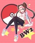  ;d bag blue_eyes blush brown_hair copyright_name double_bun highres holding holding_poke_ball legwear_under_shorts long_hair mei_(pokemon) one_eye_closed open_mouth pantyhose poke_ball pokemon pokemon_(game) pokemon_bw2 raglan_sleeves ririko_(zhuoyandesailaer) shorts smile solo star twintails visor_cap 