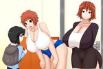  2girls ago bare_shoulders blue_eyes breast_hold breasts brown_hair child cleavage curvy denim frown hibino_aki hibino_hibiki highres huge_breasts jeans leaning_forward multiple_girls open_mouth pants shirt short_hair shorts skirt standing thighs 
