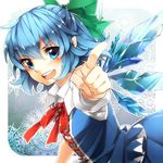  ahoge bad_id bad_pixiv_id blue_eyes blue_hair bow cirno foreshortening hair_bow ice ice_wings looking_at_viewer open_mouth pointing pointy_ears ribbon sayuma solo touhou upper_body wings 