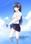  aoi_usagi bad_id bad_pixiv_id black_hair blue_eyes blue_sky blush cloud condensation_trail day dress_shirt long_hair ocean original panties see-through shirt skirt sky smile solo underwear wading water wet wet_clothes 