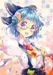  bad_id bad_pixiv_id bespectacled blue_eyes blue_hair bow cirno food glasses hair_bow hair_ornament heart ice_cream namie-kun short_hair smile solo suspenders touhou upper_body 