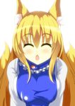  animal_ears blonde_hair blush breasts closed_eyes commentary_request dress fox_ears fox_tail large_breasts merry_(diameri) multiple_tails no_hat no_headwear open_mouth short_hair solo tabard tail touhou upper_body white_dress yakumo_ran 