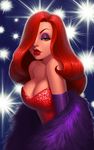  breasts cleavage daniela_uhlig eyeshadow green_eyes hair_over_one_eye jessica_rabbit large_breasts lips lipstick long_hair makeup red_hair solo who_framed_roger_rabbit 