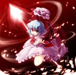  ahoge ascot asyura7 bat_wings blue_hair fang hat hat_removed headwear_removed open_mouth polearm puffy_sleeves red_eyes remilia_scarlet short_hair short_sleeves solo spear spear_the_gungnir touhou weapon wings 