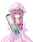  book book_focus capelet crescent hat long_hair long_sleeves open_mouth patchouli_knowledge purple_eyes purple_hair shiroshi_(denpa_eshidan) solo touhou white_background wide_sleeves 