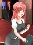  :d blush book breasts cowboy_shot head_wings highres holding holding_book koakuma large_breasts long_hair looking_at_viewer miki_purasu open_mouth partially_translated red_eyes red_hair smile solo sweat touhou translation_request wings 