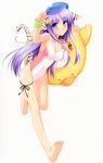  absurdres alpha_(yukai_na_nakamatachi) animal_ears barefoot blue_eyes breasts feet hat highres innertube long_hair medium_breasts one-piece_swimsuit original purple_hair ribbon scan scan_artifacts soles solo swimsuit tail thigh_ribbon tiger_ears tiger_tail wristband 