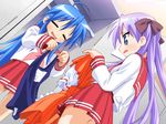  2girls :3 animated animated_gif ass blue_eyes blush bra dress female game_cg green_eyes hiiragi_kagami izumi_konata long_hair lucky_star multiple_girls panties pink_hair purple_hair raki_kosu sequential skirt slideshow swimsuit twintails underwear undressing uniform 