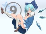  1girl between_legs blue_eyes blue_hair bow cirno dress hair_bow hand_between_legs ice ice_wings kesomaru kneehighs looking_at_viewer mary_janes md5_mismatch shoes smile socks solo touhou white_legwear wings 