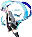  absurdly_long_hair aqua_eyes aqua_hair bare_shoulders detached_sleeves hatsune_miku headphones long_hair looking_at_viewer necktie open_mouth serori simple_background skirt solo thighhighs twintails very_long_hair vocaloid zettai_ryouiki 