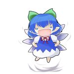  :d blue_eyes blue_hair bow cirno cosplay dress fairy_(jintai) fairy_(jintai)_(cosplay) flying hair_bow hands_on_hips ice ice_wings jinrui_wa_suitai_shimashita looking_at_viewer open_mouth pointy_ears ribbon short_hair simple_background smile solo touhou white_background wings yume_shokunin 
