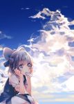  bad_id bad_pixiv_id blue_dress blue_eyes blue_sky bow cirno cloud day dress food hair_bow head_rest mouth_hold namie-kun popsicle puffy_sleeves shirt short_hair short_sleeves sitting sky solo touhou wings 