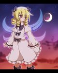 blonde_hair crescent_moon do_(4-rt) drill_hair hat letterboxed luna_child moon night night_sky red_eyes short_hair skirt sky sleeves_past_wrists solo touhou wings 