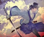  black_hair japanese_clothes jumping katana male_focus pekomi rurouni_kenshin scabbard seta_soujirou sheath shosei solo sword weapon 