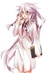  bad_id bad_pixiv_id bespectacled blue_eyes braid closed_labcoat glasses highres ia_(vocaloid) labcoat long_hair looking_at_viewer necktie open_mouth pink_hair sakuragi_ren simple_background solo twin_braids very_long_hair vocaloid 
