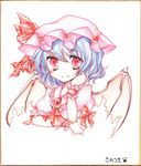  ascot bad_id bad_pixiv_id bat_wings blue_hair hat hat_ribbon jewelry puffy_sleeves red_eyes remilia_scarlet ribbon sanotsuki shikishi short_hair short_sleeves smile solo touhou traditional_media upper_body white_background wings wrist_cuffs 