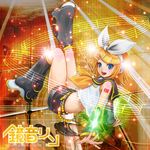  bow character_name detached_sleeves hair_bow headphones kagamine_rin leg_up leg_warmers musical_note open_mouth outstretched_arms sailor_collar shorts smile solo sparkle vocaloid yamasan_(hachiman) 