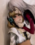  2girls agria agria_(tales) bodysuit breasts brown_hair choker coat dress flower fur green_eyes grey_hair hairband leia_roland leia_rolando long_hair low-tied_long_hair multiple_girls open_mouth red_eyes short_hair tales_of_(series) tales_of_xillia 
