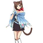  absurdres animal_ears bare_shoulders belt blue_eyes boots brown_hair cape cat_ears cat_tail dress earrings gloves gyakuten_saiban gyakuten_saiban_4 highres jewelry kemonomimi_mode knee_boots naruhodou_minuki neckerchief no_hat no_headwear pltrgst short_hair smile solo strapless strapless_dress tail 