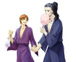  asurafkmt bag bagged_fish black_eyes black_hair brown_hair caster_(fate/zero) fate/zero fate_(series) fish goldfish holding_hands japanese_clothes kimono male_focus multiple_boys ponytail simple_background uryuu_ryuunosuke white_background 