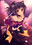  animal_ears bad_id bad_pixiv_id bare_shoulders black_hair black_legwear blush cat_ears cat_tail choker dual_wielding heart holding japanese_clothes knife looking_at_viewer minatsuki_alumi original petals ponytail red_eyes reverse_grip skirt smile solo tail thighhighs 