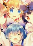  arms_up bad_id bad_pixiv_id black_hair blonde_hair blue_eyes blue_hair bow brown_eyes brown_hair cirno closed_eyes crowded hair_bow luna_child multiple_girls namie-kun open_mouth red_eyes short_hair smile star_sapphire sunny_milk touhou wavy_mouth 