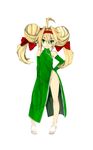  ahoge bad_id bad_pixiv_id bare_shoulders big_hair blonde_hair bow china_dress chinese_clothes double_bun dress elbow_gloves fila_(kobayashi_tetsuya) flat_chest gloves green_dress green_eyes green_gloves hair_bow hair_intakes hairband halterneck hand_on_hip highres long_hair minimaki no_panties original pointy_ears sandals side_slit solo twintails 