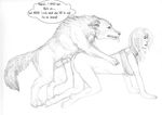  arania bestiality bottomless canine duo female feral greyscale human human_on_feral imminent_sex interspecies male mammal monochrome pencils sketch straight transformation wolf 