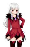  1girl agria agria_(tales) boots dress freckles fur grey_hair highres long_hair low-tied_long_hair open_mouth red_eyes tales_of_(series) tales_of_xillia thigh_boots thighhighs 