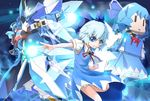  blue_eyes blue_hair bow cirno danmaku dress hair_bow highres mavuki mecha mechanization ribbon short_hair solo touhou wings |_| 