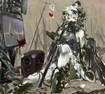  1girl amplifier bad_id bad_pixiv_id blood blood_bag bloody_weapon cyborg highres intravenous_drip lead_pipe monitor prosthesis red_eyes respirator sabitsuki shigure_shou sitting solo weapon white_hair 