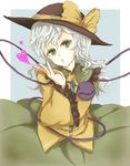  bad_id bad_pixiv_id bow closed_eyes green_eyes hat hat_bow heart komeiji_koishi long_hair long_sleeves manasseh open_mouth silver_hair solo third_eye touhou wide_sleeves 