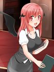  blush book breasts cowboy_shot head_wings highres holding holding_book koakuma large_breasts long_hair looking_at_viewer miki_purasu red_eyes red_hair solo sweat touhou wings 