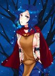  armband arms_behind_back blue_hair breasts cape chain collar earrings grey_eyes highres ilris jewelry large_breasts league_of_legends long_hair sideboob solo soraka star tree very_long_hair 