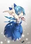  ;) arm_up bad_id bad_pixiv_id blue_eyes blue_hair cirno dress from_above grin ice ice_wings kyon_(fuuran) looking_at_viewer one_eye_closed short_hair signature smile solo touhou wings 