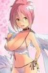  bangle bikini bracelet breasts choker cosmic_break feathers groin hair_feathers jewelry large_breasts magister_(medical_whiskey) melfi navel pink_bikini pink_hair side-tie_bikini side_ponytail solo swimsuit wings yellow_eyes 