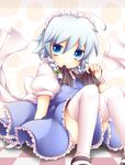  ahoge bad_id bad_pixiv_id blue_eyes blush braid izayoi_sakuya maid maid_headdress puffy_sleeves sanotsuki short_hair short_sleeves silver_hair sitting solo touhou twin_braids wrist_cuffs 