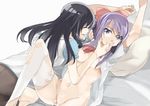  age_difference akasaka_ikuno arms_up bed black_hair bottomless breasts closed_eyes finger_in_mouth girl_on_top hareta light_smile long_hair lying medium_breasts multiple_girls nipples open_clothes open_shirt pillow purple_eyes purple_hair pussy pussy_juice ribbon saki saliva shirt smile suehara_kyouko tears thighhighs torn_clothes torn_legwear white_legwear yuri 