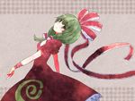  arm_ribbon blush bow dress frills front_ponytail green_eyes green_hair hair_bow hair_ornament hair_ribbon kagiyama_hina long_hair looking_at_viewer red_dress ribbon shiihaku short_sleeves smile solo touhou 