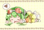  chibi goggles goggles_on_head green_hair gumi lying nou on_stomach open_mouth short_hair solo vocaloid 