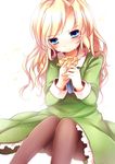  blonde_hair blue_eyes blush flower ib long_hair long_sleeves mary_(ib) pantyhose rose sanotsuki sitting solo tears white_background 