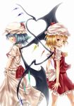  ascot bat_wings blonde_hair blue_hair closed_eyes flandre_scarlet hand_on_own_chest hat hat_ribbon heart heart_wings heart_wings_duo looking_at_viewer looking_back multiple_girls puffy_sleeves red_eyes remilia_scarlet ribbon shirt short_hair short_sleeves siblings sisters skirt skirt_set smile touhou wings wrist_cuffs yoi_(tokoyoi) 
