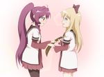  ahoge blonde_hair blue_eyes hair_intakes kashiopea long_sleeves multiple_girls nanamori_school_uniform pantyhose ponytail purple_eyes purple_hair school_uniform serafuku short_over_long_sleeves short_sleeves sugiura_ayano sword toshinou_kyouko weapon wooden_sword yuru_yuri 