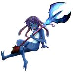  4ll aqua_eyes arm_support blue_skin creature fang fizz_(league_of_legends) highres league_of_legends male_focus nude open_mouth polearm purple_hair solo trident weapon white_background 
