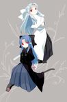  blue_hair bow cat_paws cat_tail familiar hair_bow len long_hair long_skirt melty_blood multiple_girls paws pointy_ears red_eyes skirt tail tsukihime wanyuwa white_hair white_len 