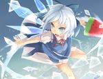  bad_id bad_pixiv_id blue_dress blue_eyes bow cirno dress food hair_bow open_mouth outstretched_arm outstretched_hand popsicle puffy_sleeves shirt short_hair short_sleeves silver_hair slashing solo sword touhou wakame_mi watermelon_bar weapon wings 