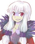  1girl agria agria_(tales) dress freckles fur grey_hair grin long_hair low-tied_long_hair open_mouth red_eyes smile tales_of_(series) tales_of_xillia 