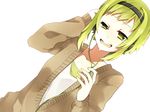  bad_id bad_pixiv_id chisumi dutch_angle green_eyes green_hair gumi headphones looking_at_viewer open_mouth short_hair smile solo tears vocaloid 