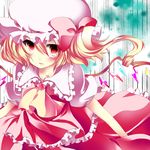  ascot blonde_hair blush crystal fang flandre_scarlet hat puffy_sleeves red_eyes short_hair short_sleeves side_ponytail solo touhou umino_mizu wings 