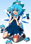  &gt;_&lt; :&lt; arms_up blue_eyes blue_hair blue_skirt blush blush_stickers bow chibi chibi_on_head cirno closed_eyes do_(4-rt) drooling fang flying hair_bow highres kicking lying minigirl multiple_girls o_o on_head on_stomach open_mouth short_hair sitting skirt smile standing touhou wariza wings 